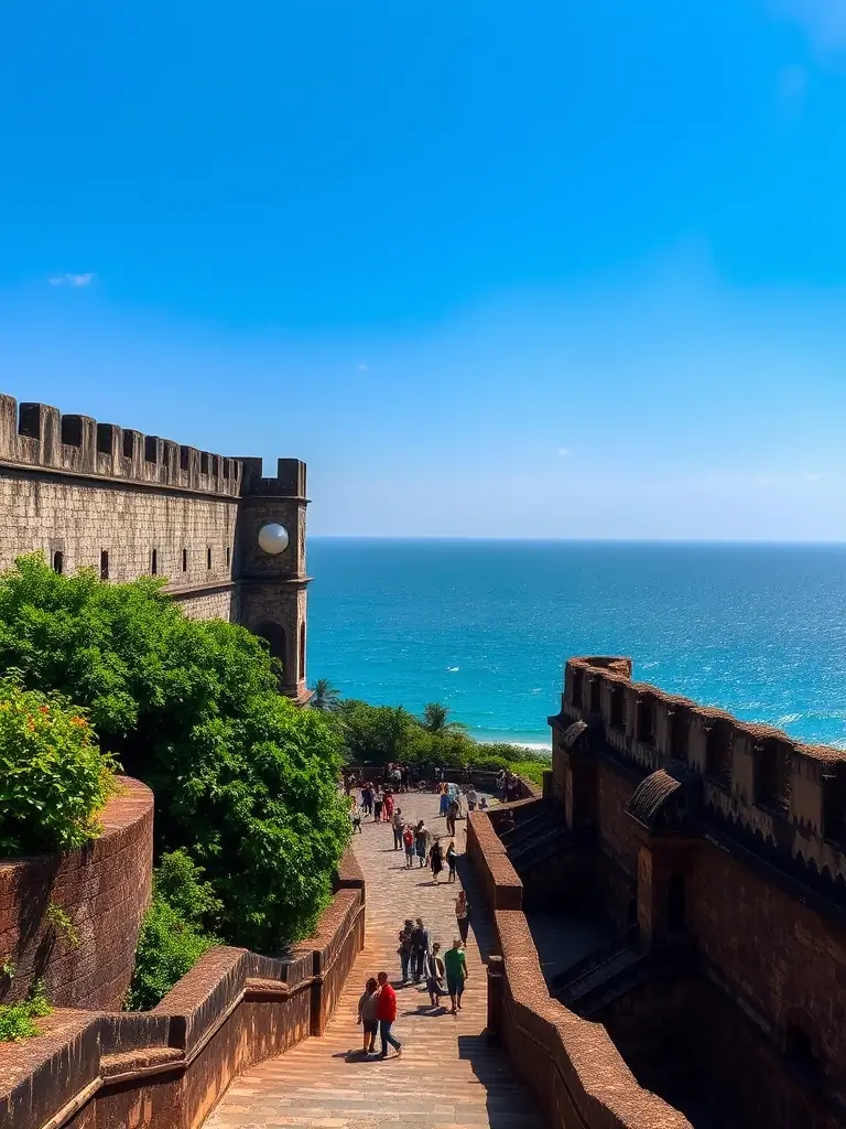 A picturesque scene of Galle Fort, showcasing its colonial architecture, ramparts, and the Indian Ocean. The image should capture the fort's historical charm and its vibrant atmosphere.