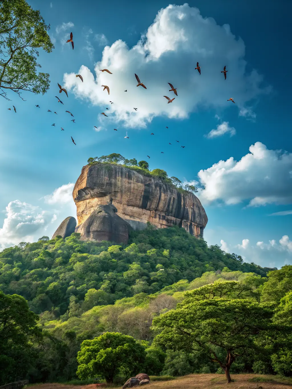 A vibrant photograph capturing the Sigiriya rock fortress at sunrise, showcasing its historical significance and stunning natural surroundings. The image should highlight the ancient architecture and the lush greenery.