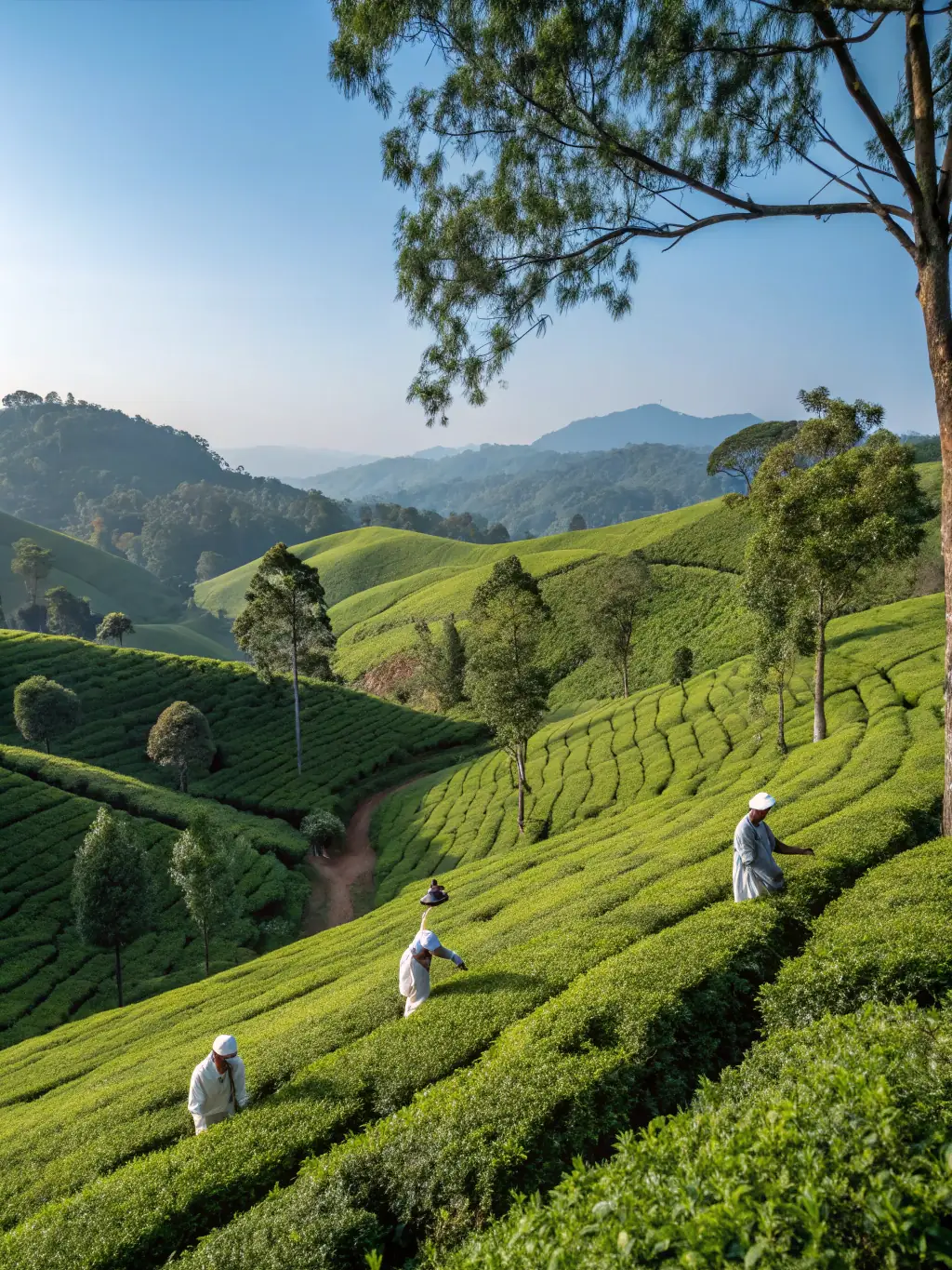 A serene image of a tea plantation in Nuwara Eliya, featuring rolling hills covered in tea bushes and tea pickers at work. The photo should convey the tranquility and beauty of the region.